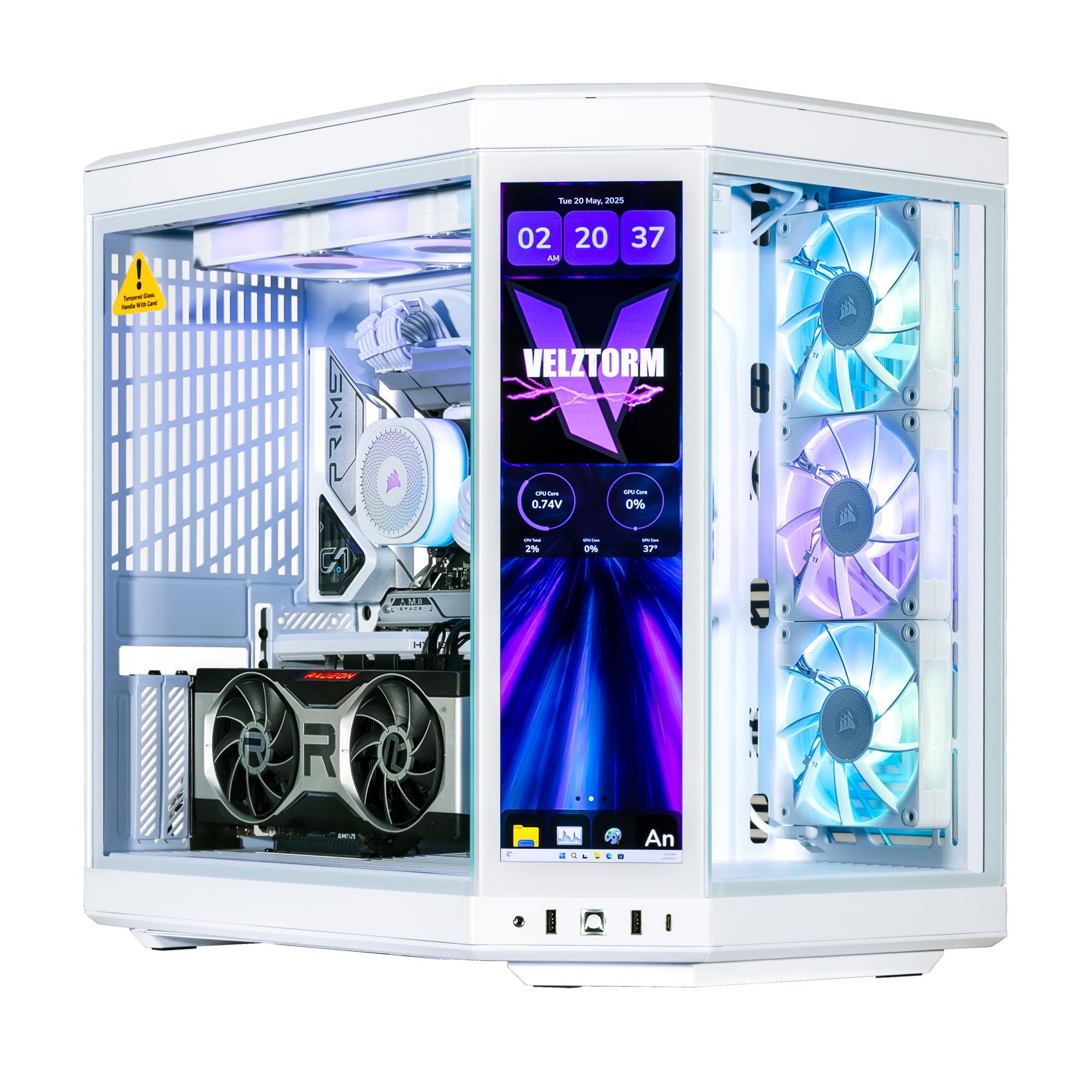 Velztorm LCD White Praetix Custom Built Y70 Touch Gaming Desktop Radeon RX 9070 XT 12GB Beats 5070 Ti