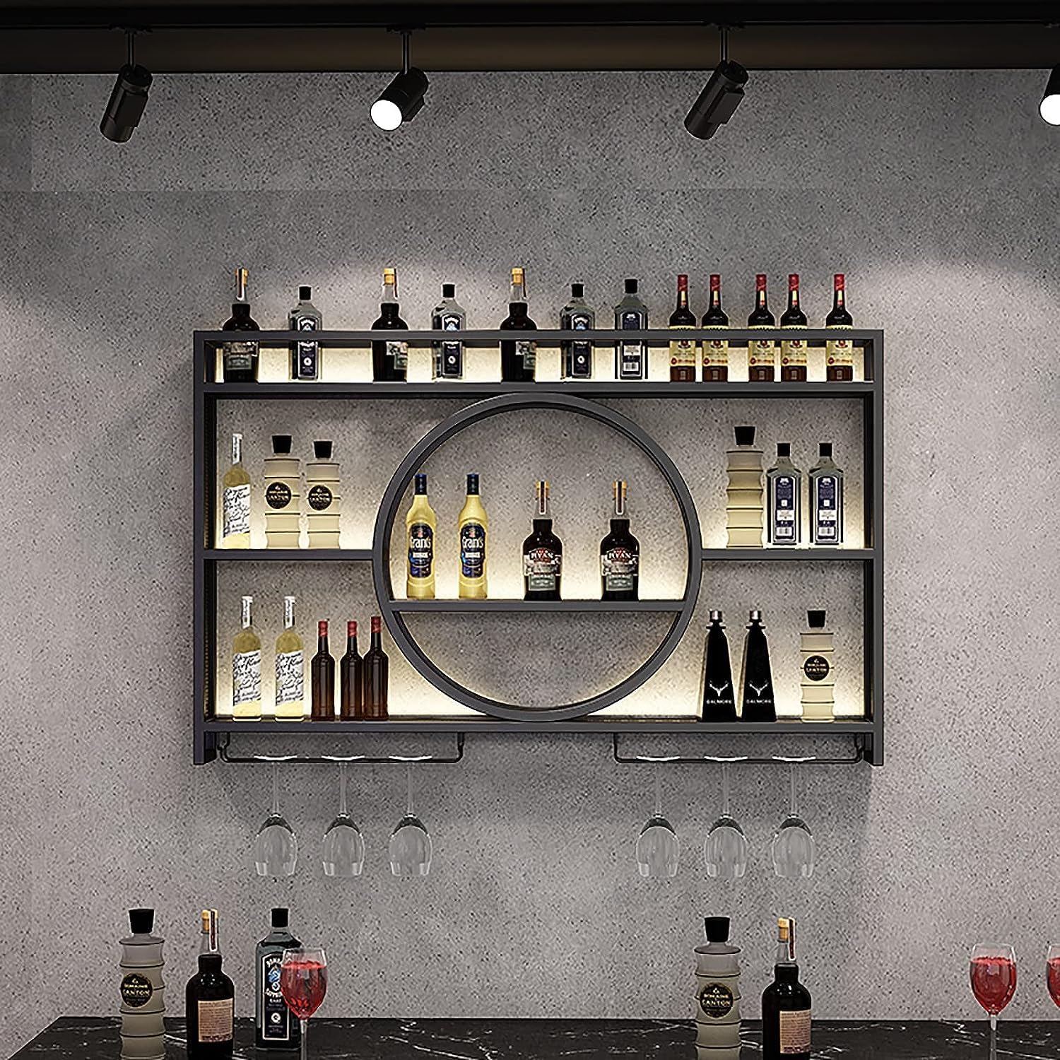 Modern Metal Wall Mounted Wine Rack Industrial Round Hanging Bar Unit with Floating Shelves and Glass Rack Iron Display Stand for Home Restaurant and Bars