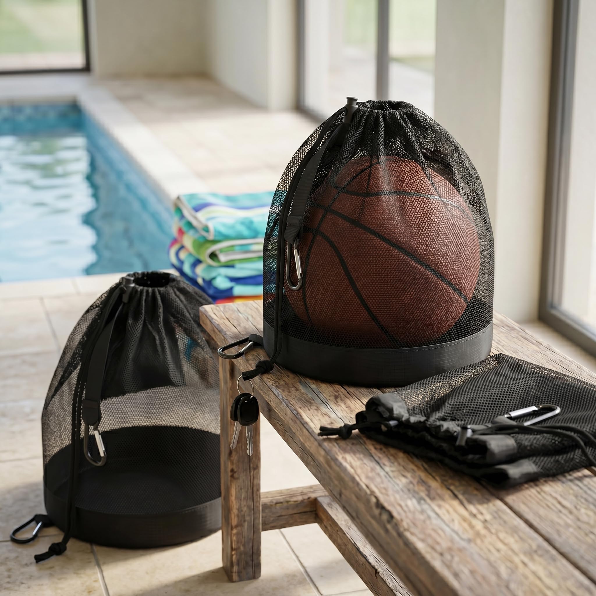 Borsa Porta palloni Zaino Rete Sportiva 2 Pezzi Grande capacità Nero per Basket Calcio pallavolo Tennis con Gancio Portatile Resistente per Palestra Allenamento Viaggio