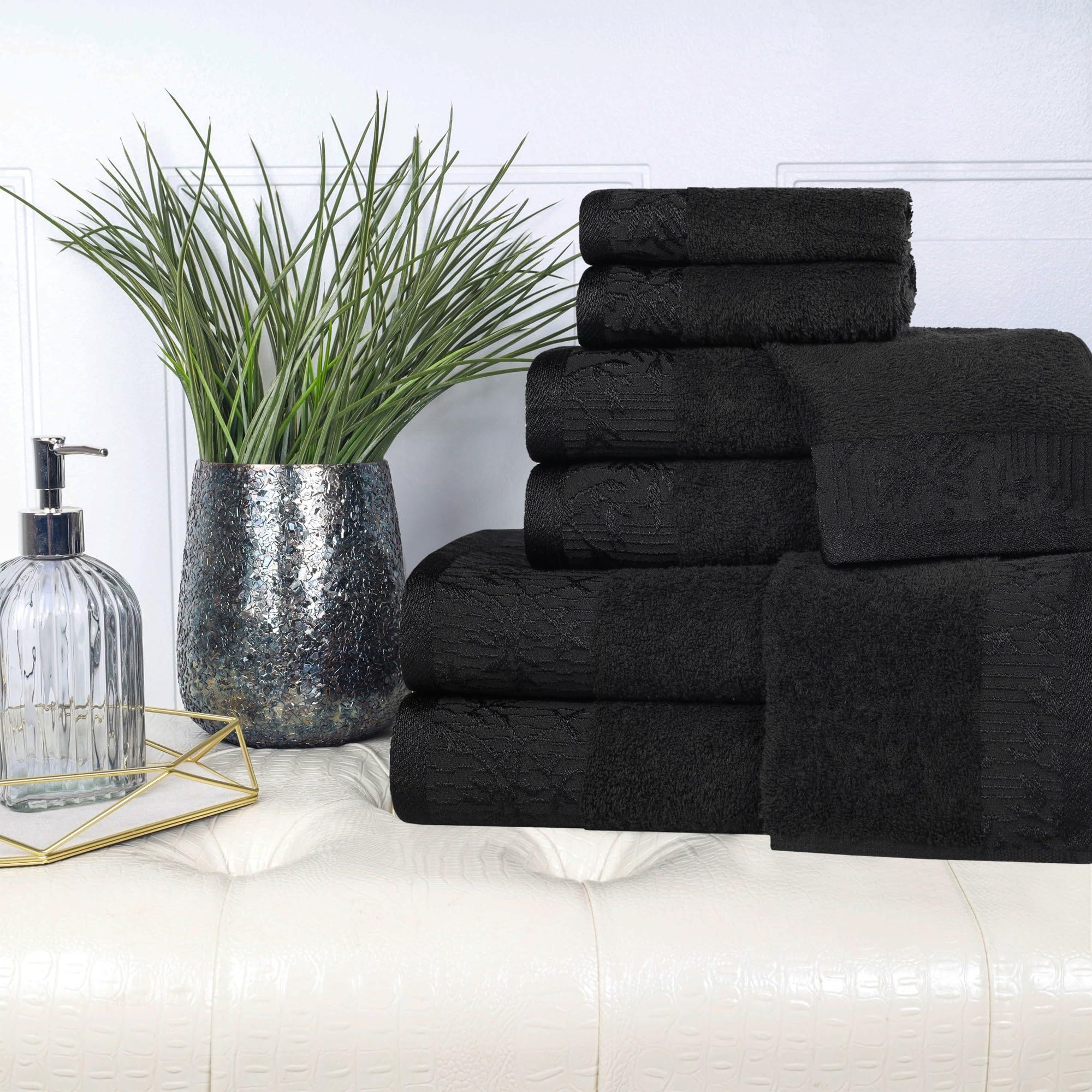 Superior 8 Piece Cotton Towel Set, Floral Jacquard Dobby Border, Quick Dry, Decorative Bathroom, Shower, Bath, Includes 2 Body, 2 Hand, 4 Face Towels/