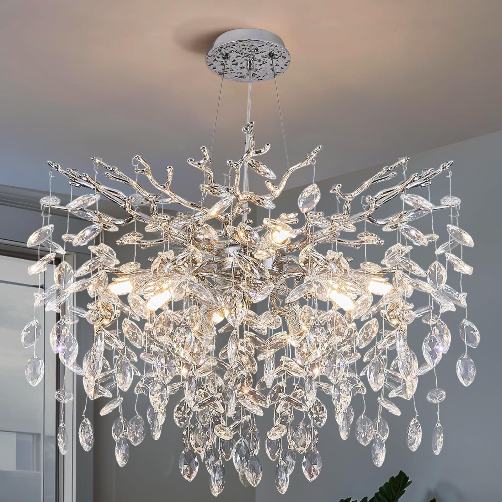 YUYI 30" Silver Crystal Chandelier, 10-Light Modern Tree Branch Chandeliers, Round Chandelier for Dining Room, Living Room, Foyer, Entryway, Bedroom,