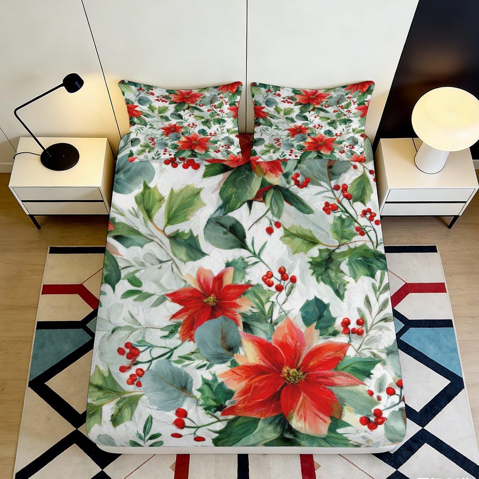 3D Printed Christmas Poinsettia Fitted Sheet Microfiber Red Green Berry Mattress Cover Non Slip Easy Care for Bedroom Home Decor 90x200x25cm
