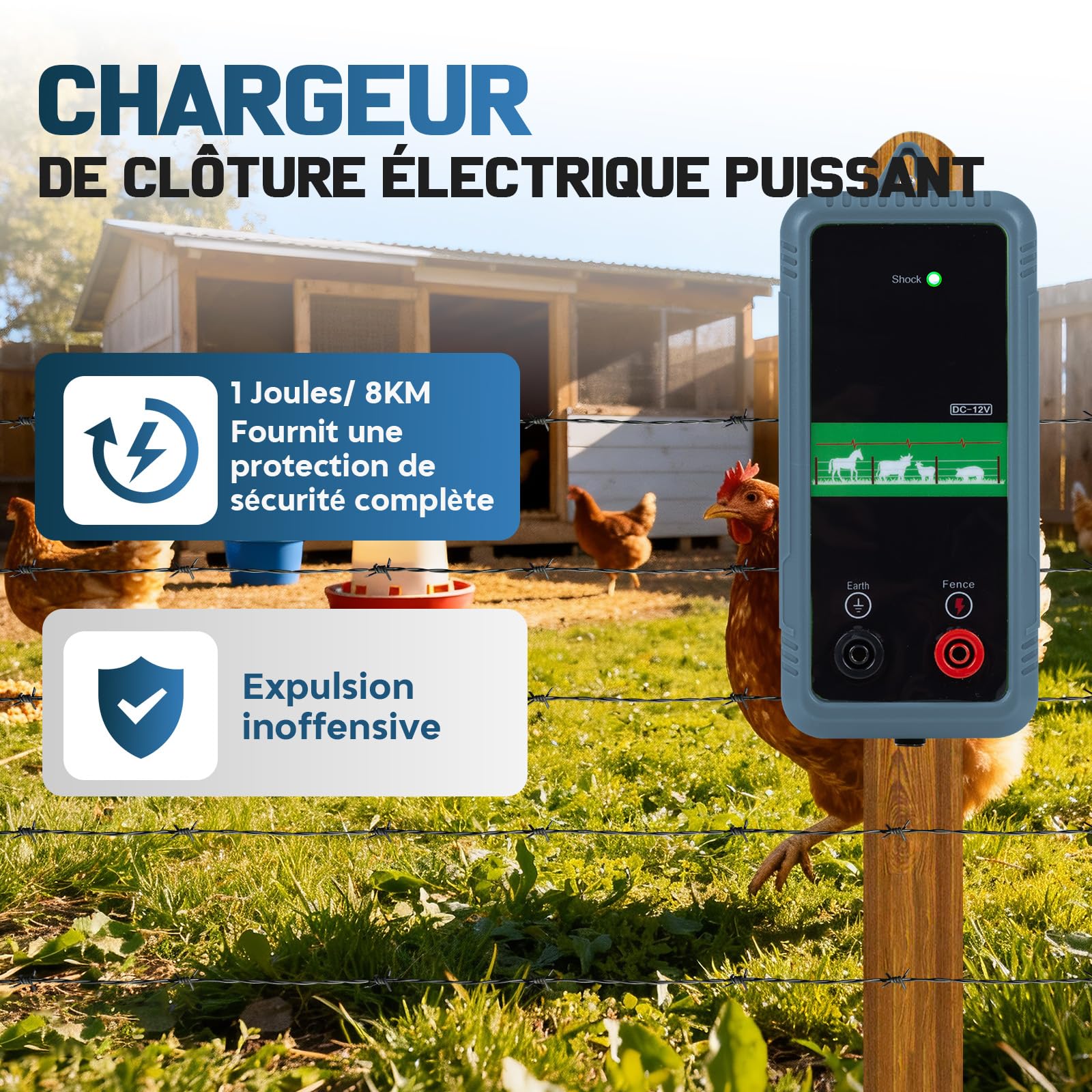 Electrificador de Valla Eléctrica 8KM,1.0 Joule 10KV, Valla Eléctrica Para Animales con Alimentación Corriente Eléctrica/Batería/Solar Para Protección Animal y Disuasión de los Depredadores