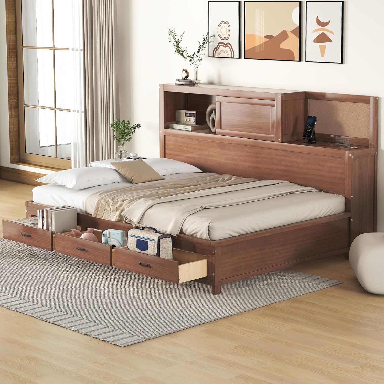 SOFTSEA Full Size Daybed with Bookcase Headboard, Wood Daybed with Storage Drawers