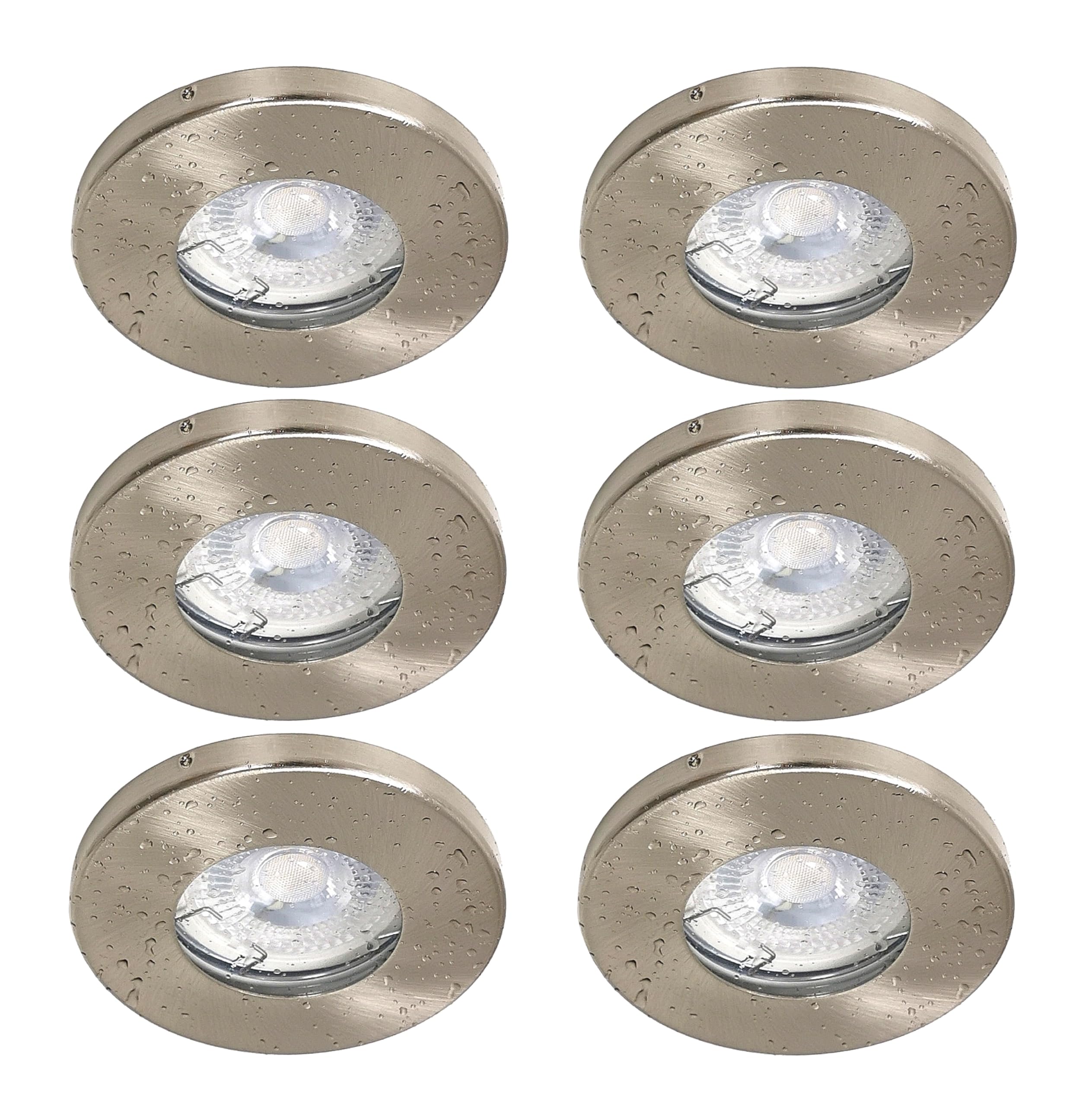 Trango 6er Set IP65 Einbaustrahler aus Edelstahl gebürstet 6729IP65-062MCOB inkl. 6x 5 Watt 3000K warmweiß Ultra Flach LED Modul für Bad, Dusche, Einbauspots, Deckenstrahler, Deckenlampe, Badleuchte