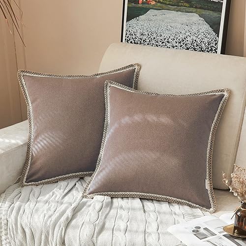 FY FIBER HOUSE Paquete de 2 fundas de almohada decorativas de granja, lino sintético de arpillera con bordes a medida, fundas de cojín para sofá,