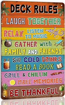 Dsyvukt Funny Deck Rules Metal Sign Retro Deck Sign for Farmhouse Home Bar Porch Patio Art Wall Decoration 8x12 Inch