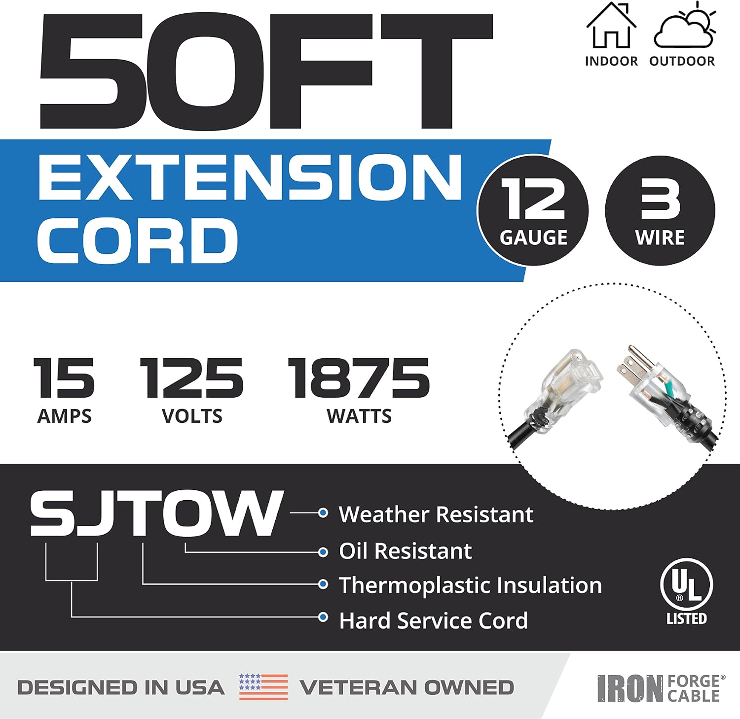 Iron Forge Cable Oil Resistant 12 Gauge Extension Cord 50 ft, 12/3 SJTOW 50 Foot Heavy Duty Extension Cord Outdoor 3 Prong, 15 Amp Power Cable Black Great for Major Appliance, Farms & Ranches
