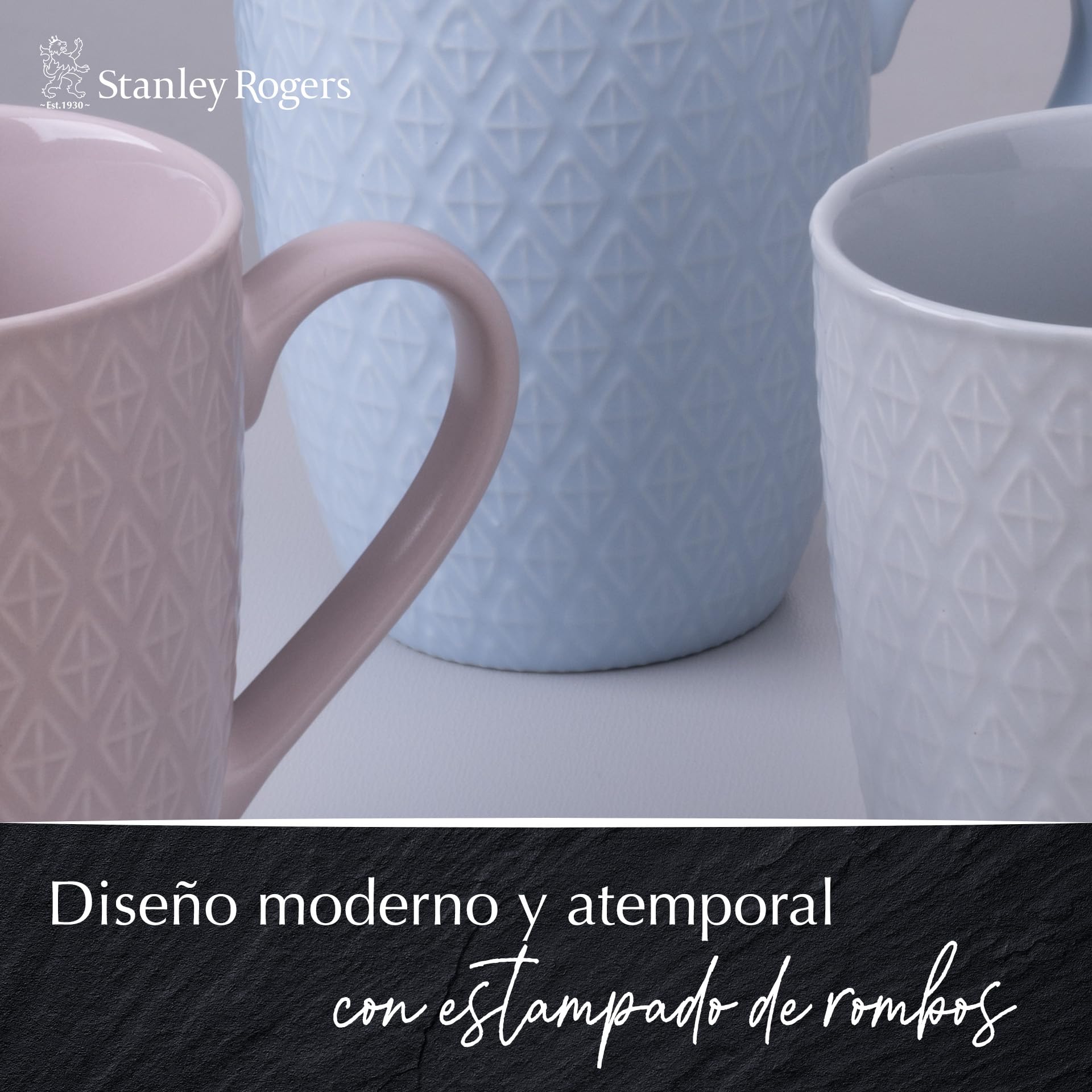 Stanley Rogers Juego de 6 tazas - Tazas de café con un moderno diseño de rombos - Material New Bone de alta calidad en colores pastel - Perfectas para café, té o cacao - 340 ml de volumen