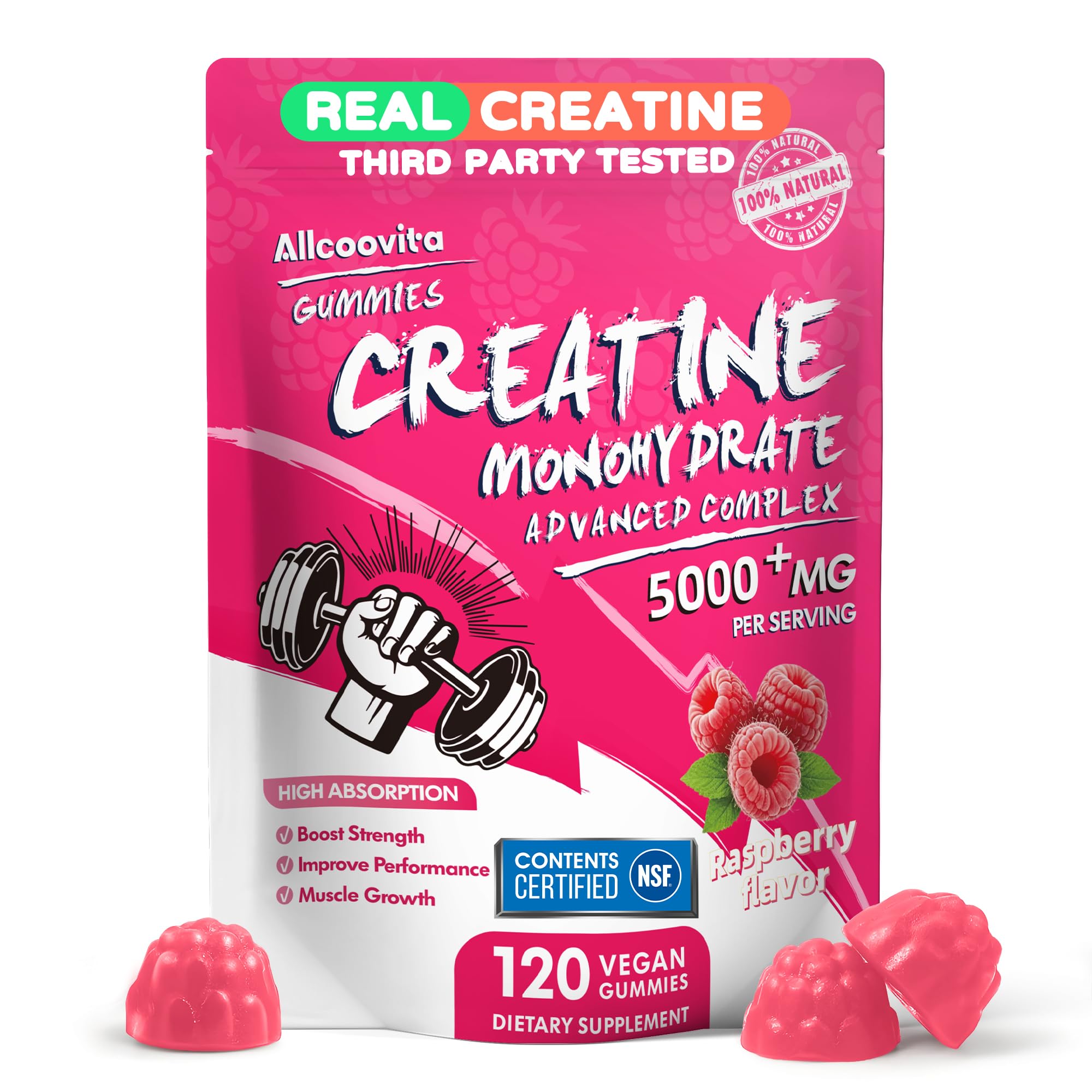 NSF Certified Creatine Gummy - Creatine Monohydrate Gummies 5000mg for Men & Women -120 Gummies Advanced Formula, Muscle Strength, Muscle Builder, Energy Boost, Pre-Workout Supplement-Raspberry Raspberry 120 Count (Pack of 1)