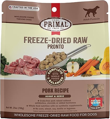 Primal - Alimento seco para perros de cerdo pronto de 25 onzas, cuchara completa y equilibrada y sirve alimentos crudos saludables sin granos,