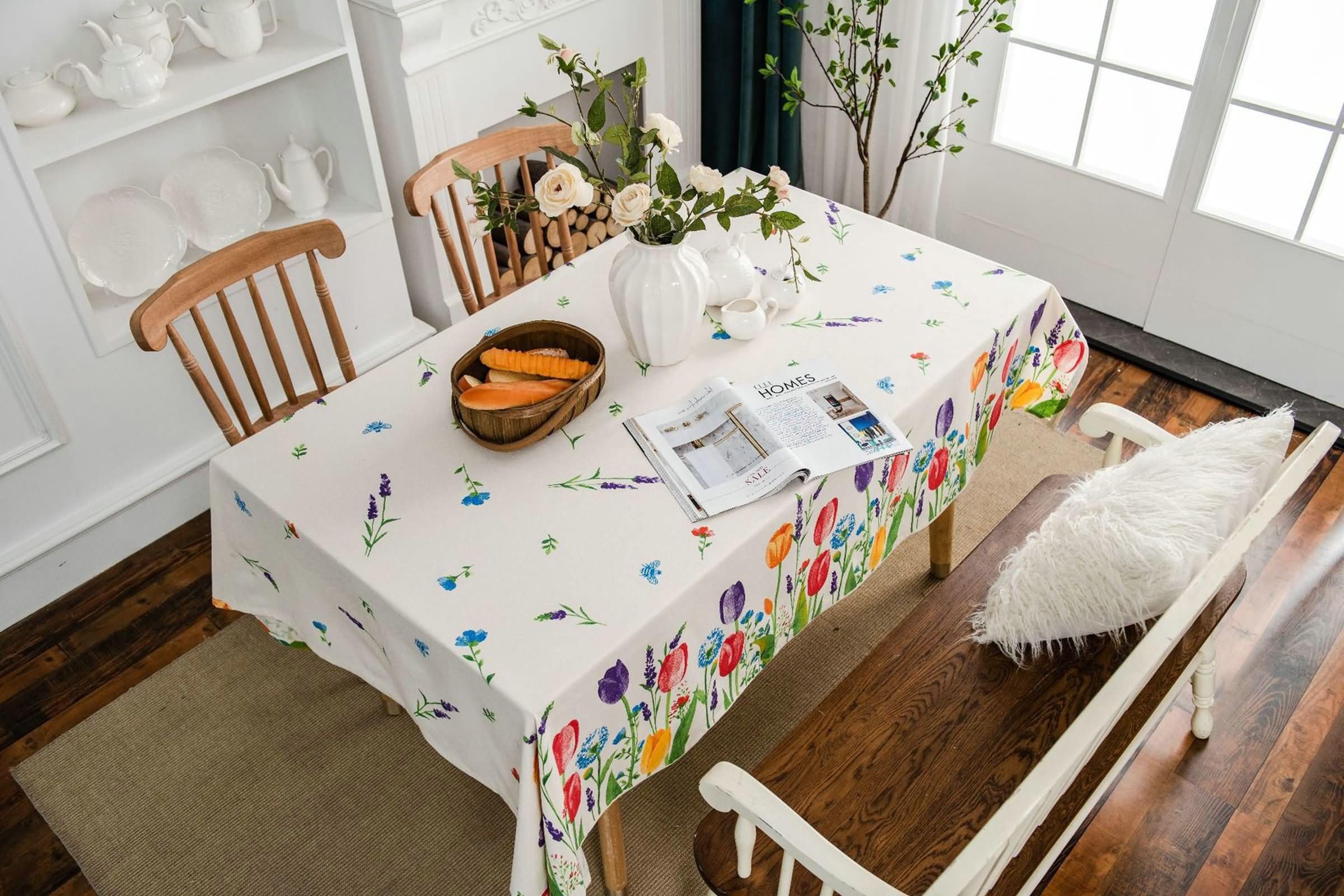 Bunt Tischdecke Rechteckig 140 x 300 cm, Leinen Baumwolle Blumen Bedruckt, Outdoor Tischdecke