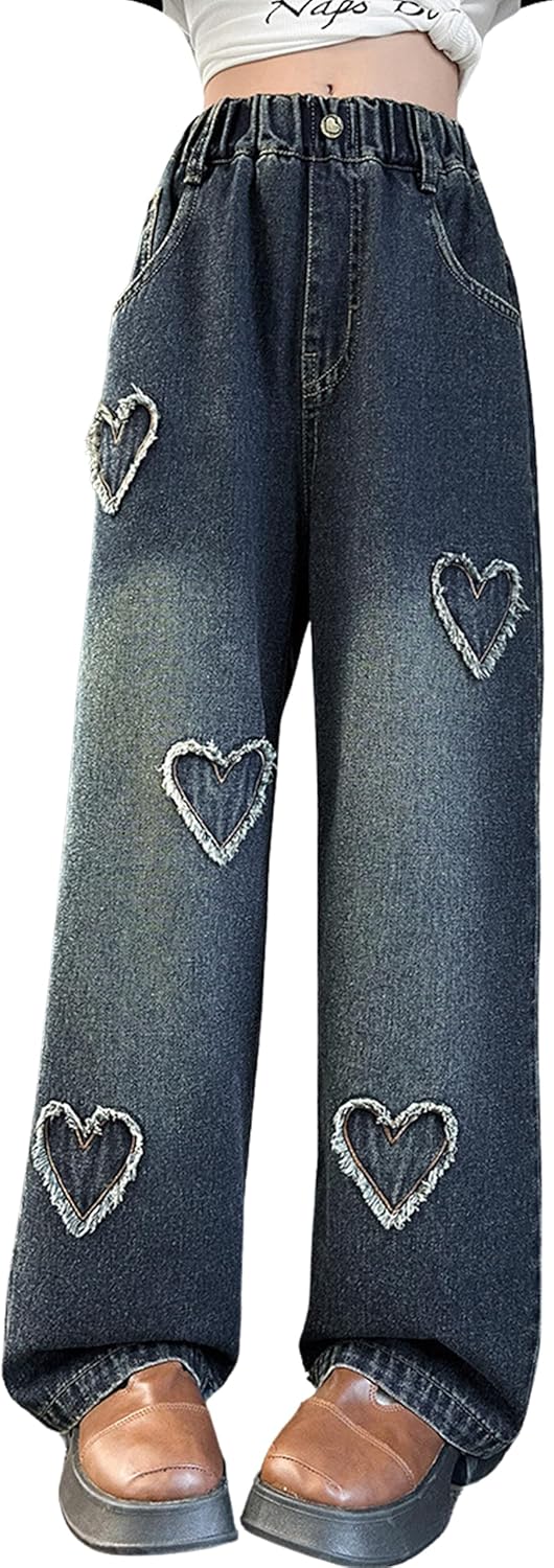 Rolanko Girls Jeans Denim Elastic Wasit Wide Leg Baggy Pants Kids Clothes 4-14 Years