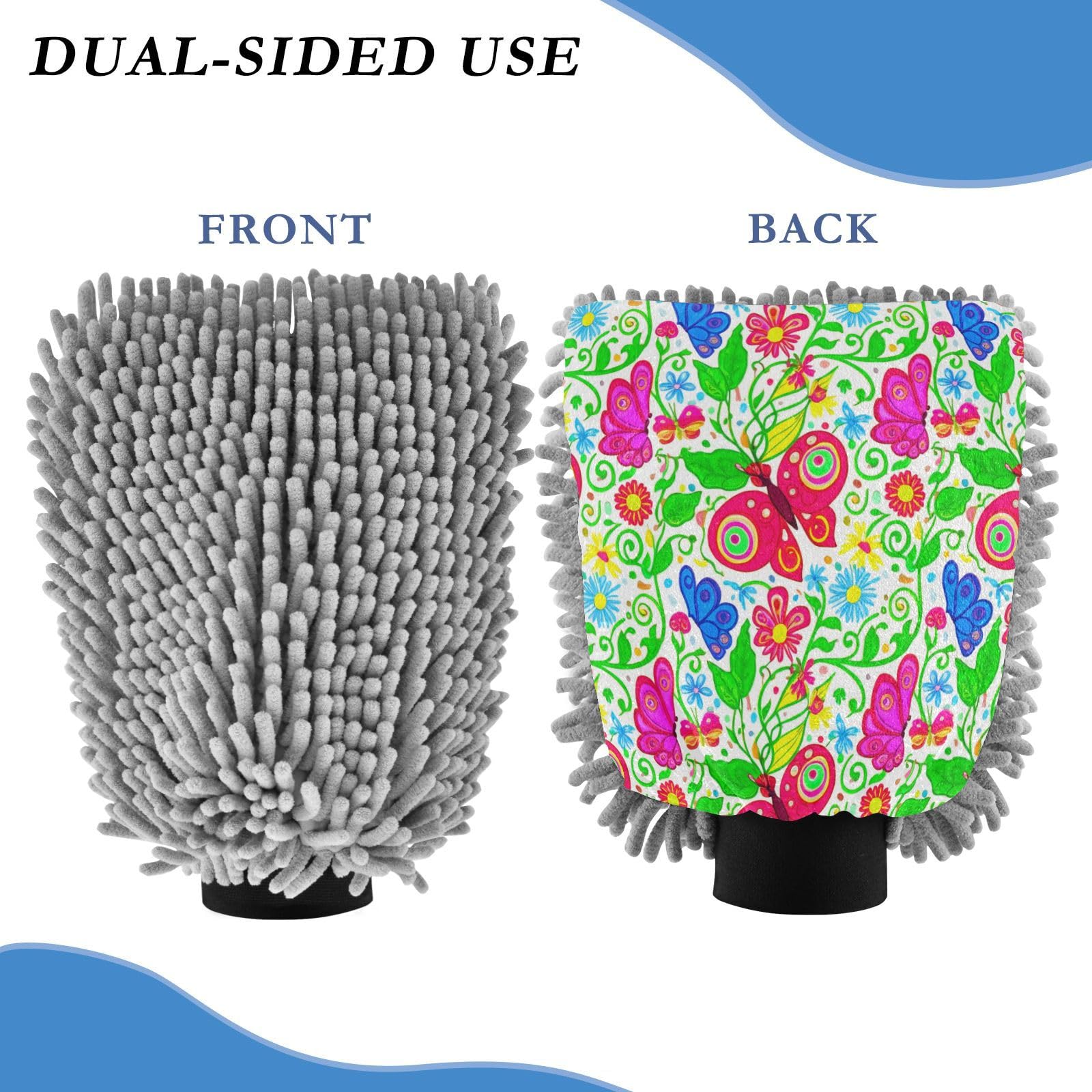 Kigai Beautiful Colorful Butterfly Car Wash Mitt Microfiber, 2Pcs Scratch Free Lint-Free, Premium Chenille Microfiber Mitt Car Wash Brush-L
