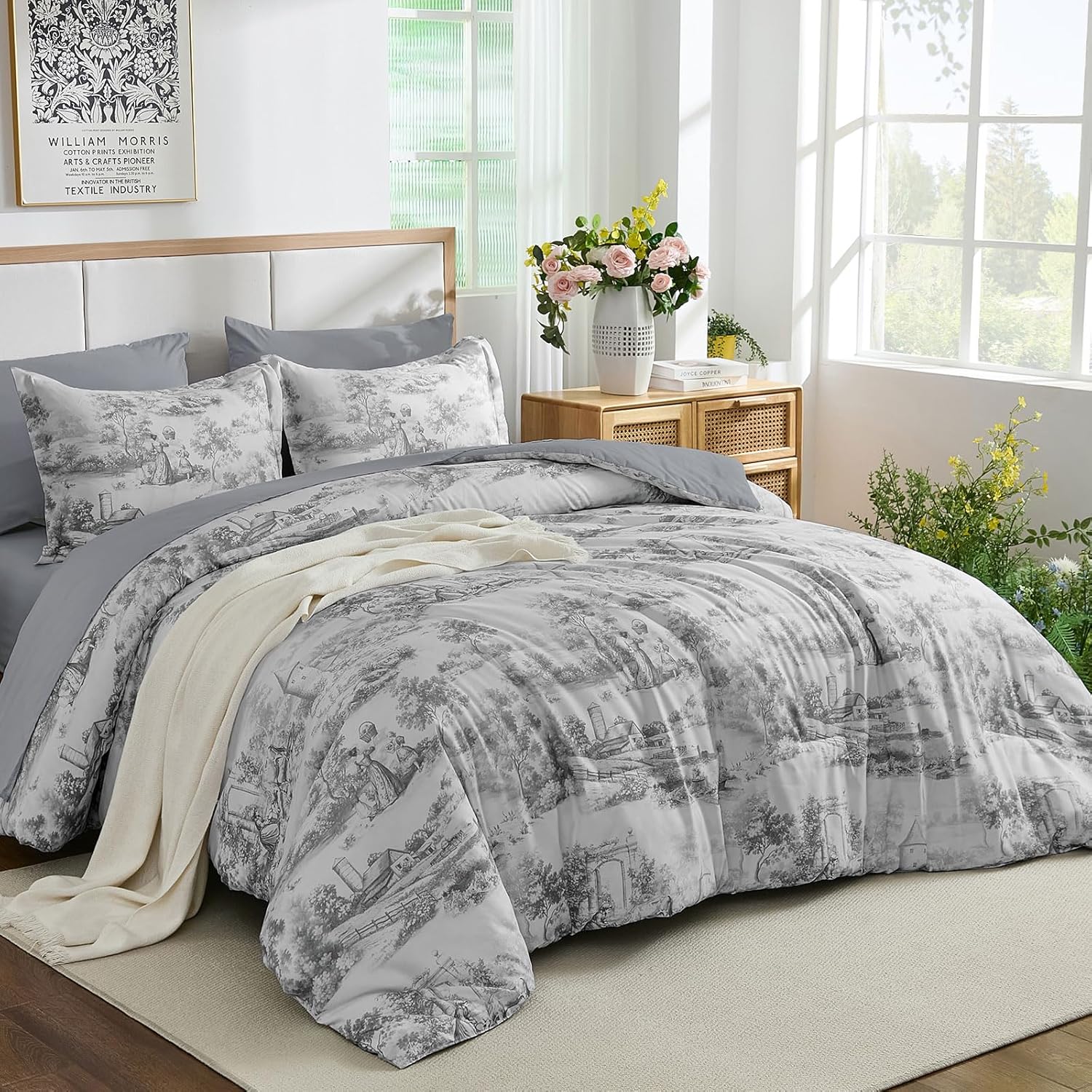 Grey Queen Comforter Set, 7 Pieces Bed in a Bag French Toile Comforter with Sheets, Soft Lightweight Microfiber Botanical Complete Queen Size Bedding Set for All Season