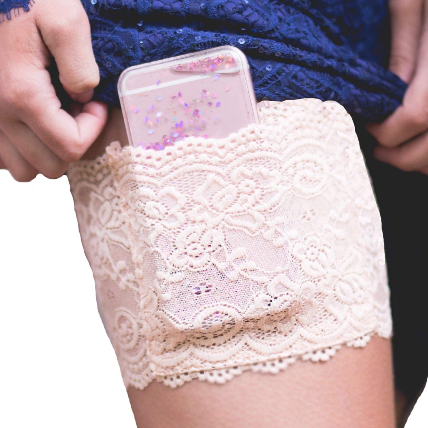Pocket Innerwear Womens Stretch Lace Garter with Tech Pocket for Cell Phones and Insulin Pumps - Size S/M, Tan