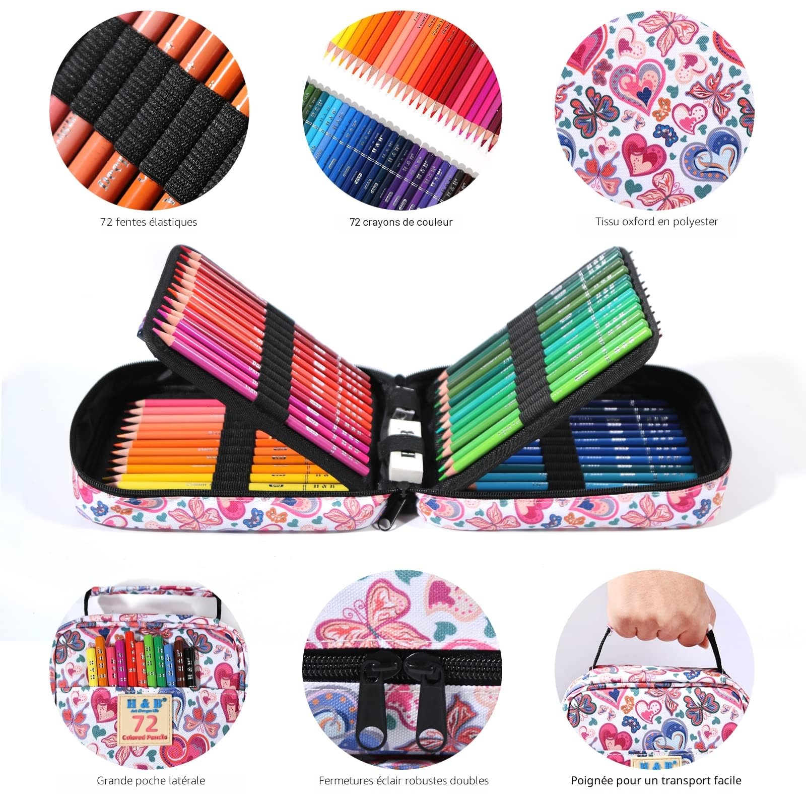H & B 72 Set de crayons de couleur avec sac à fermeture éclair portable Bloc de croquis Kit de fournitures de dessin et d'art Crayons de couleur professionnels Crayons