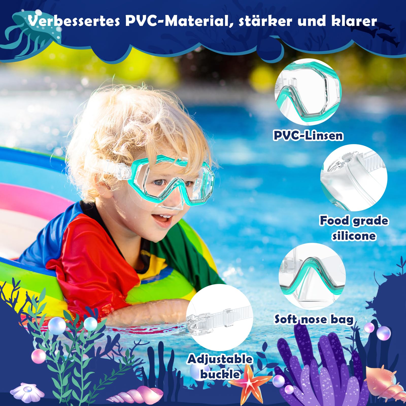 Maschera Subacquea Bambini, Maschera Snorkeling Bambino Con Lenti In PVC, Panoramici A 180°, Con Guarnizione In Silicone, Anti-Perdita e Ppannamento, Occhialini Nuoto Bambini 4-10 Età
