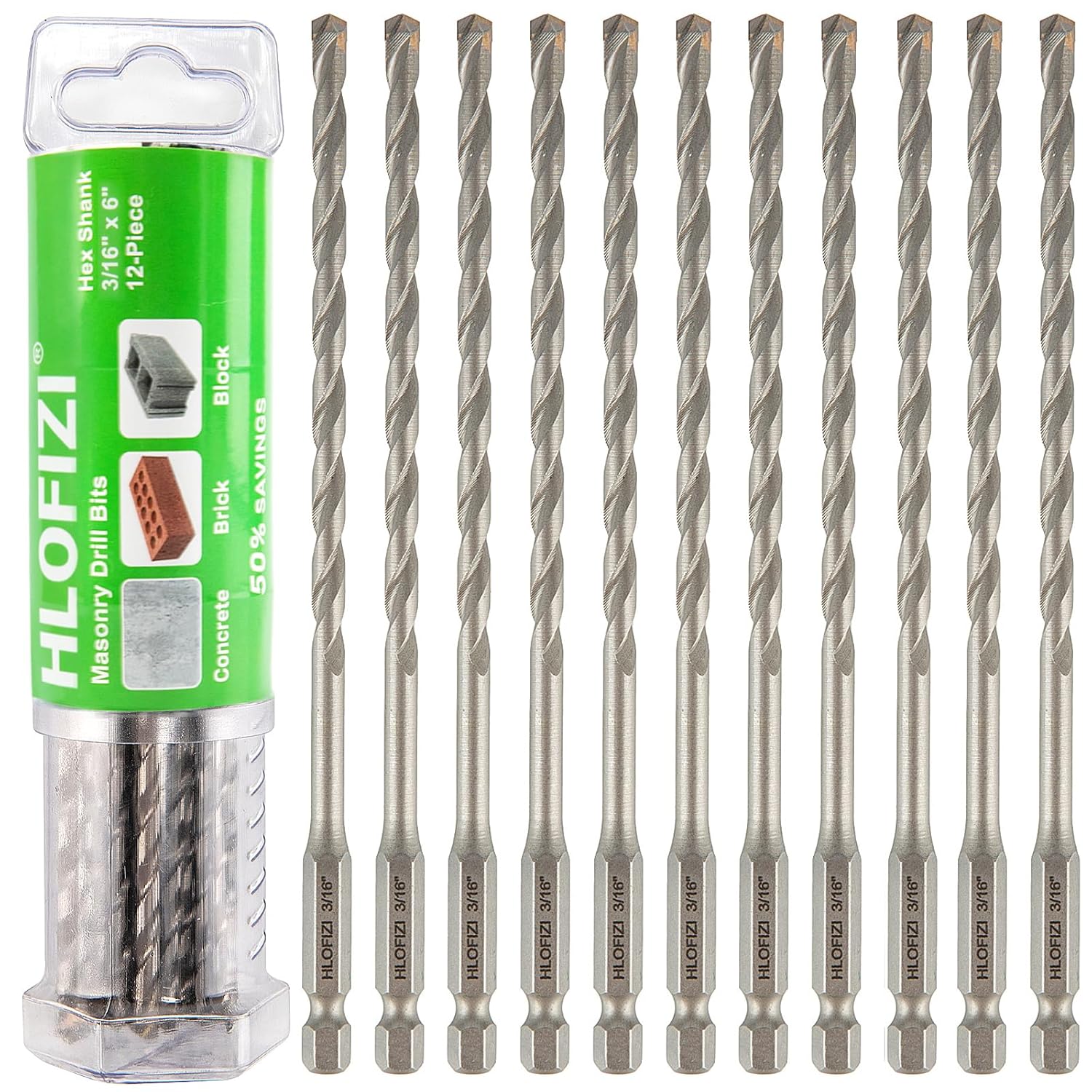 3/16" x 6" Masonry Drill Bits 3/16 inch Concrete Hammer Drill Bits, for Cement, Brick, Stone, Block, Stucco Wall, 12 Pack, Hex Shank
