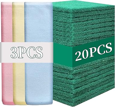 Heavy Duty Scour Pads Sponge Dish Scrubber Non-Scratch Green Reusable Household Scrub Pads for Kitchen and Dish Cleaning Tool 20Pcs Sponge+3Pcs Clean Towel