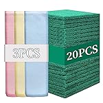 GUEICN Heavy Duty Scour Pads Sponge Dish Scrubber Non-Scratch Green Reusable Household Scrub Pads for Kitchen and Dish Cleaning Tool (20Pcs Sponge+3Pcs Clean Towel)