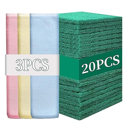 GUEICN Heavy Duty Scour Pads Sponge Dish Scrubber Non-Scratch Green Reusable Household Scrub Pads for Kitchen and Dish Cleaning Tool (20Pcs Sponge+3Pcs Clean Towel)