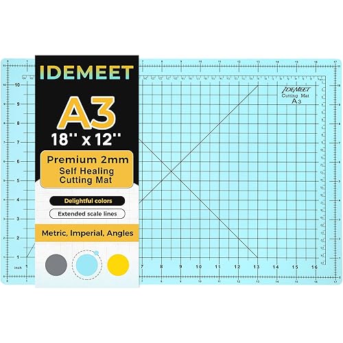 Premium Idemeet Self Healing Cutting Mat 18'' x 12'', A3 Non-slip Sewing Mat for Quilting, 5-Ply Rotary Cutting Board Double-Sided for Crafts Cutting Fabric Scrapbooking Modeling Projects, Aqua Blue