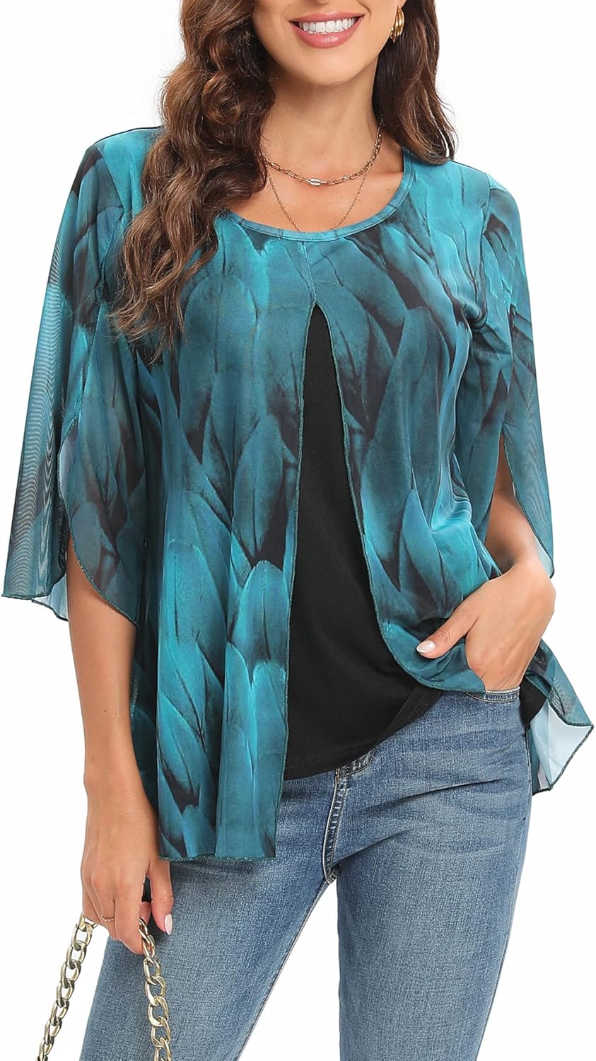 MOQIVGI Womens Double Layered Poncho Blouse Tops Dressy Elegant Scoop Neck 3/4 Sleeve Flowy Shirts - Image 3