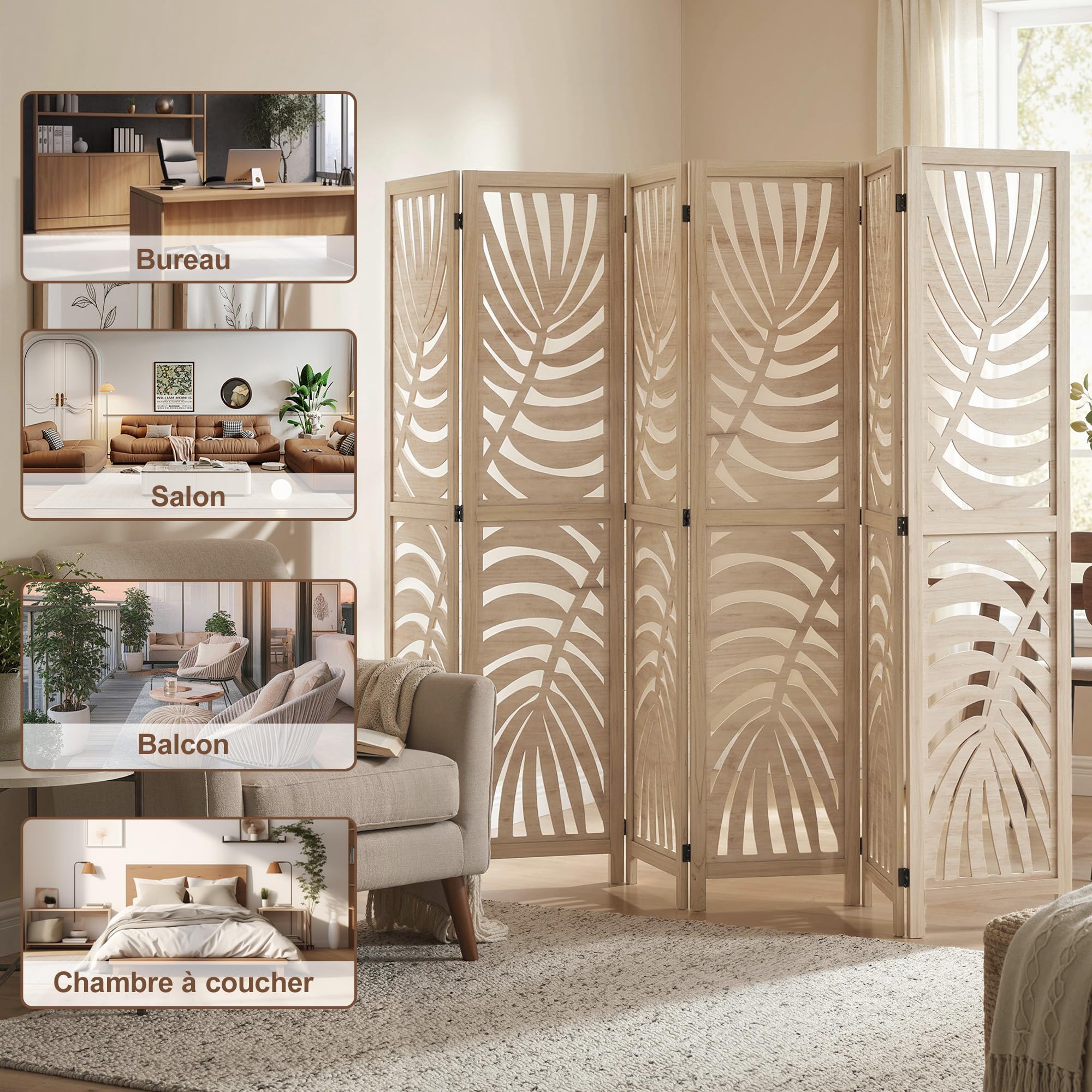 HOMCOM Separador 6 Paneles Plegable Desmontable Acabado Madera Natural | Pantallas de privacidad, tabique autoportante, diseño de hoja de palma, para oficina en casa, dormitorio