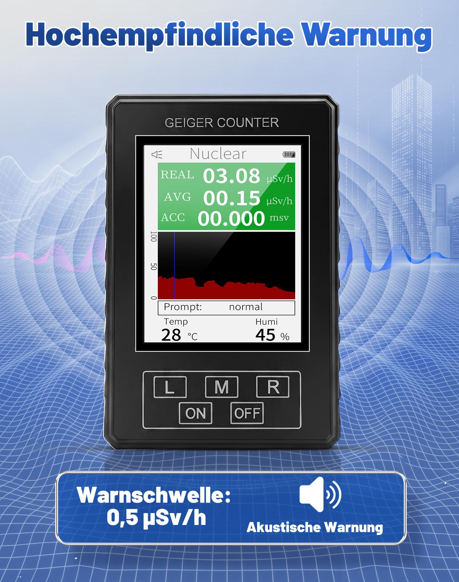 Geigerzähler Radioaktivität, Hochpräzises Strahlungsmessgerät & Dosimeter für Beta Gamma Röntgen, inkl Temperatur & Luftfeuchtigkeitsmessung, Tragbarer Nuklearstrahlungsdetektor für Zuhause & Outdoor