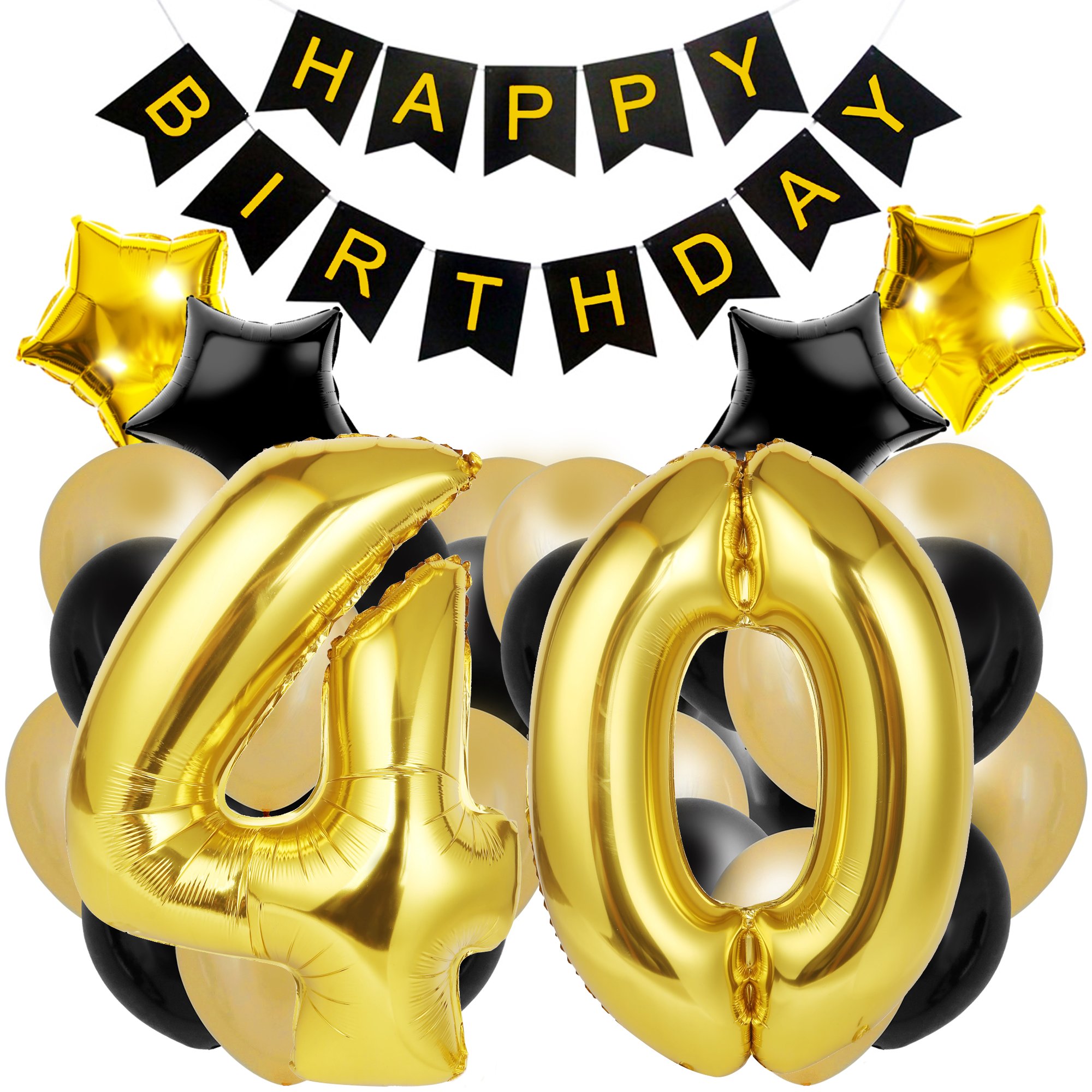 40th Birthday Decorations for The Best 40th Birthday Party - Includes Happy Birthday Banner, Large Number 40 Birthday Latex Balloons + 24 Balloons in Black and Gold. Have a Happy 40th Birthday!