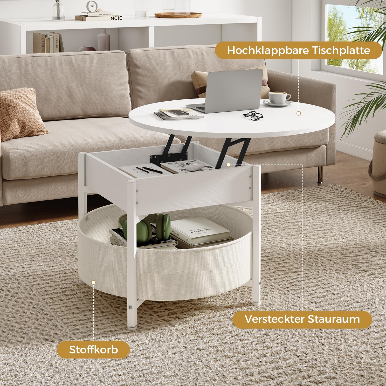 Couchtisch Rund mit Hebeplatte, Couchtisch Höhenverstellbar, Beistelltisch, Wohnzimmertisch mit Korb aus Stoff, Versteckter Stauraum, Metallrahmen, für Wohnzimmer, Büro, 70 x 70 x 50 cm, Weiß Küche, Haushalt & Wohnen