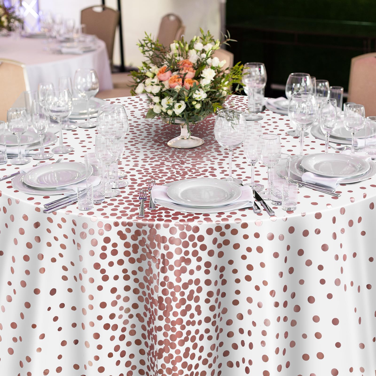 Newwiee 3-Pack 84 Inch Polka Dot Round Disposable Tablecloths – Plastic Table Covers For Parties (Black & Rose Gold)