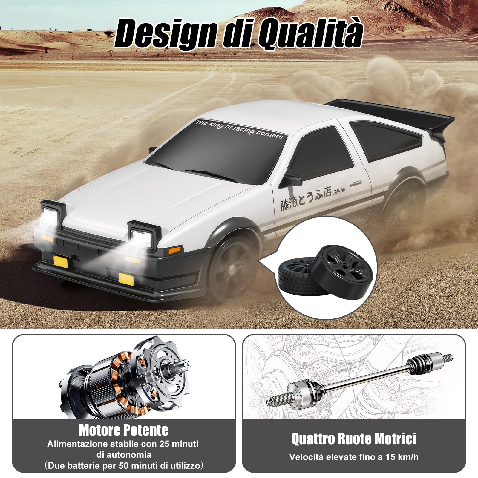 BuzzoXerex RC Drift Car, Mini Macchina Telecomandata Drift, 1/24 4WD Auto Telecomandata con Luce LED, 18km/h, Auto Giocattolo per Adulti e Bambini di Età Superiore agli 6 Anni (Bianco)