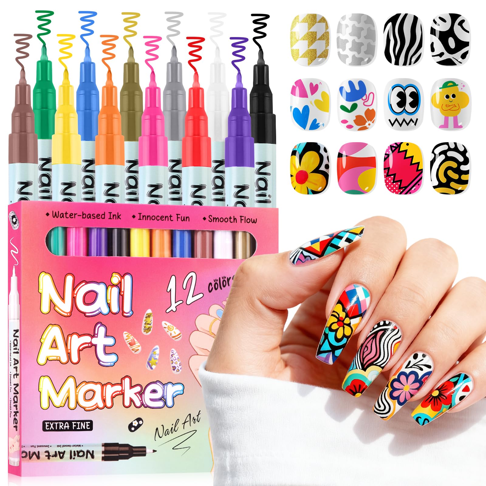 Kalolary Penna per Nail Art 12 Colori 0,5 mm – Marcatori Acrilici a Punta Fine per Decorazioni Unghie, Disegni di Precisione e DIY