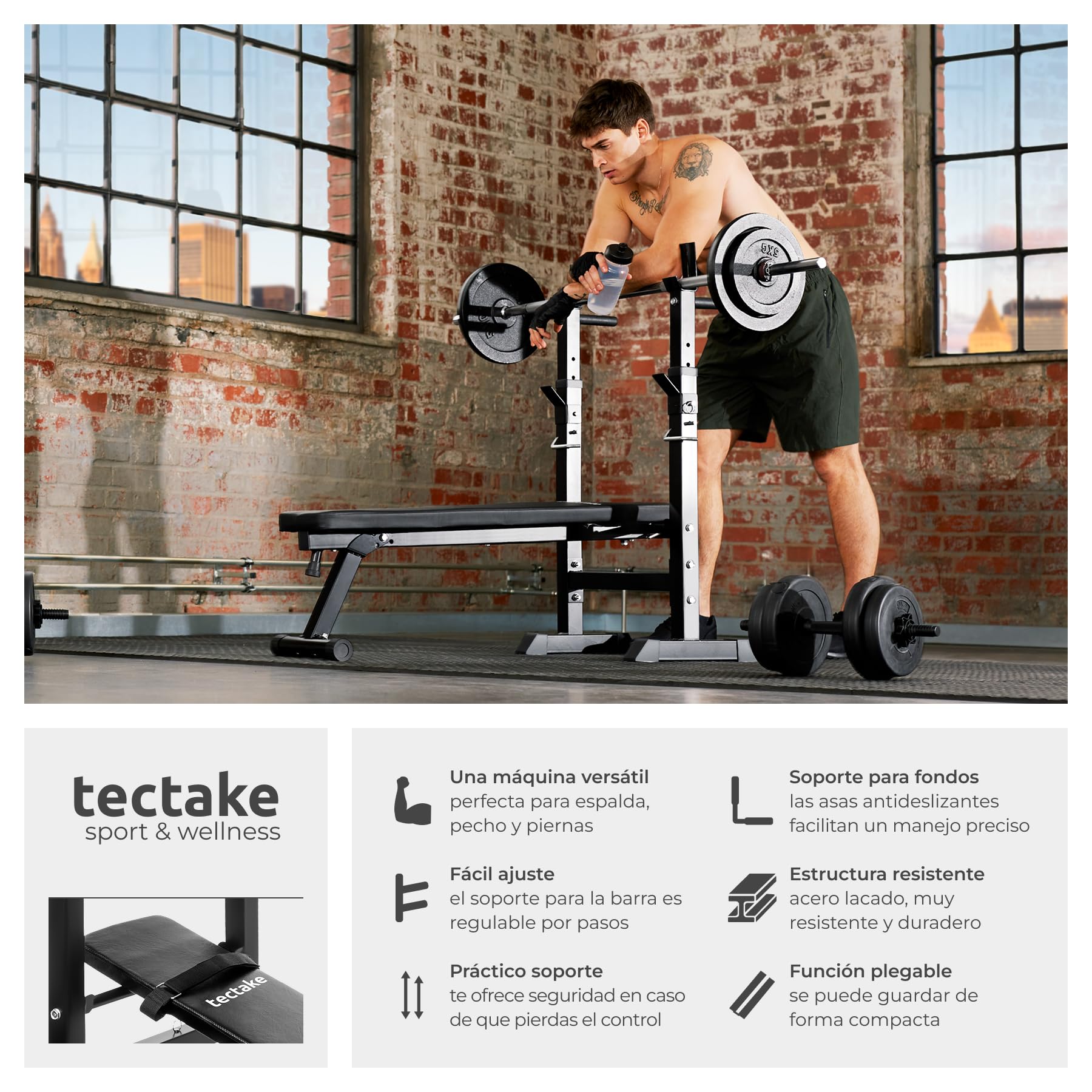 tectake® Banco de Pesas Plegable, Banco Musculación Ajustable, Ideal para Entrenamiento en Casa, Press Banca y Ejercicios de Fitness, con Soporte Barra Pesas, Capacidad de Carga: 150 kg - Negro