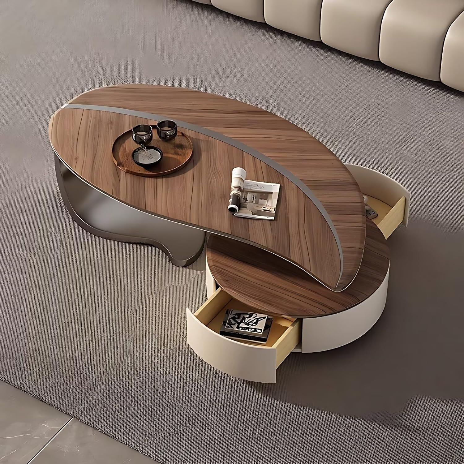 Coffee Table - Leaf Shaped Coffee Desk with 2 Drawers and Walnut Wood Grain Countertop, Mid Century Solid Wood Center Table for Living Room Apartment (Walnut Color,47'')