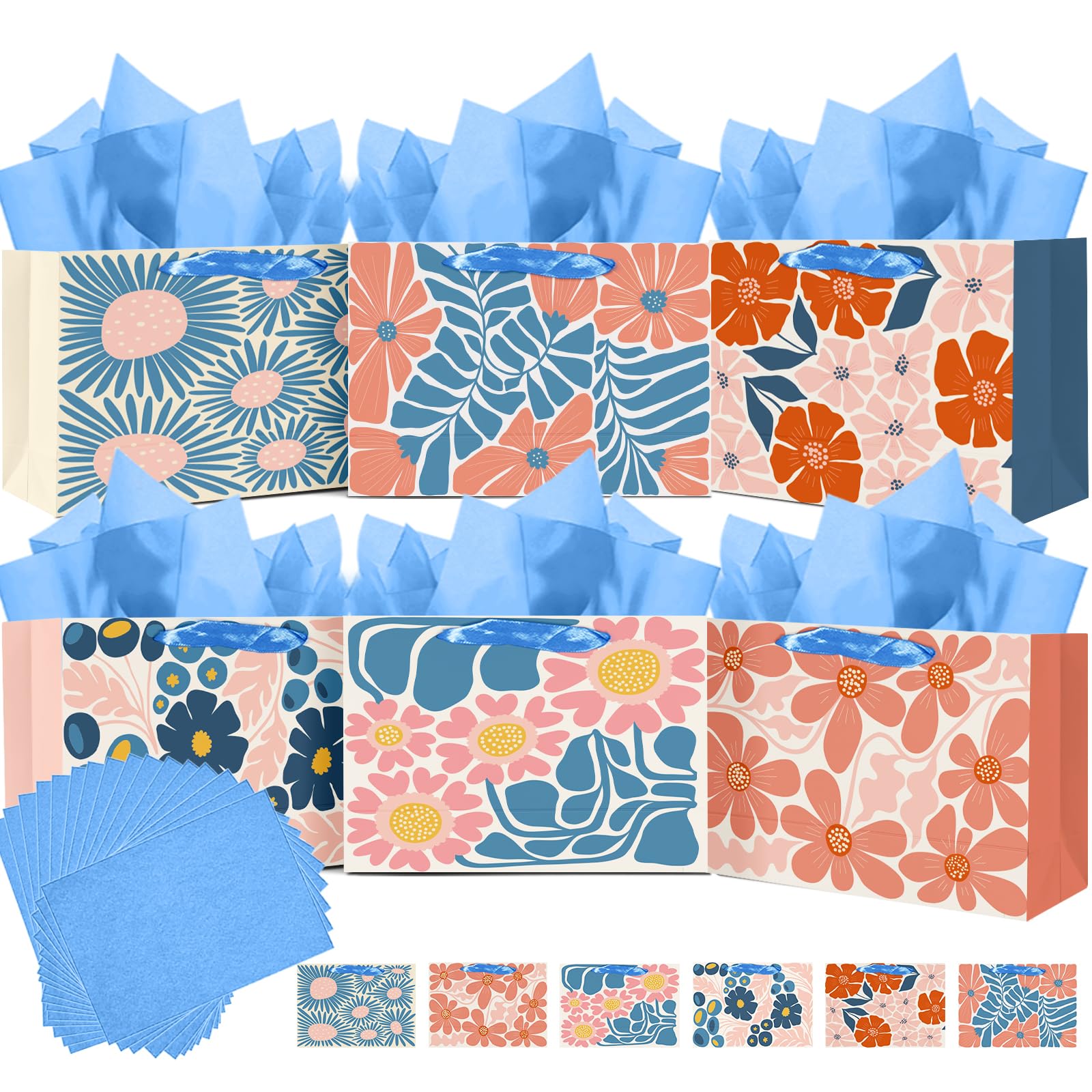 qiqee Medium Paper Gift Bags with Tissue Paper Handles 6PCS Winter Flowers Cardboard Floral Gift Bags for Women Mom Grandma Party Supply (6PCS Bags+Tissue Paper)