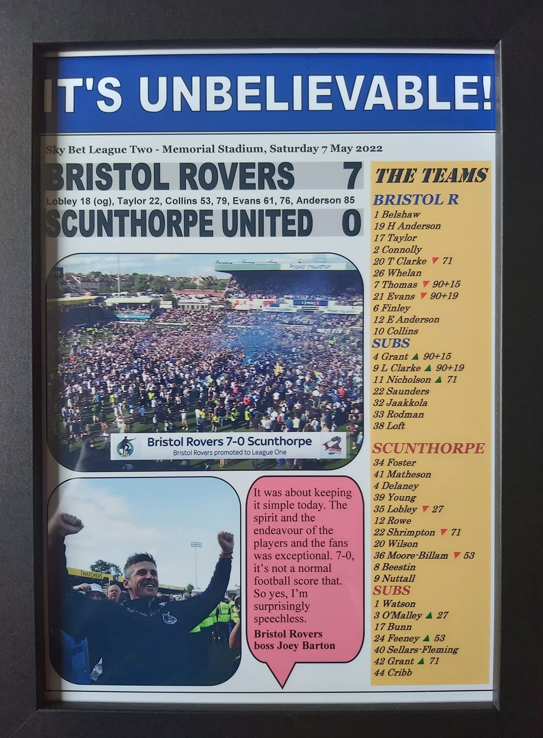 Assorted Black Bristol Rovers 7 Scunthorpe United 0 - League Two 2022 - Bristol Rovers Promoted - Framed Print