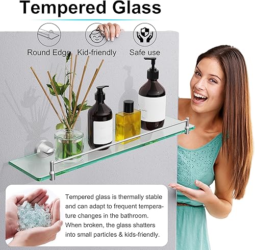 Miniatura 6 de Estantes de vidrio de 20 pulgadas para baño, estante de vidrio flotante de níquel cepillado, estantes de baño de vidrio templado de acero inoxidable