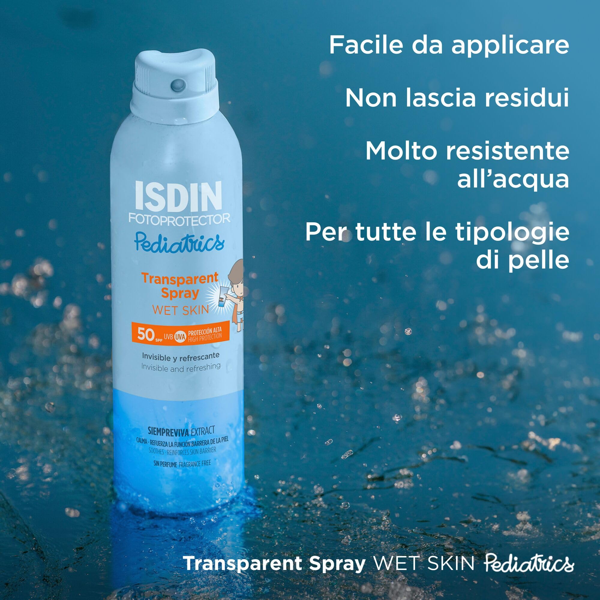 ISDIN Pediatrics Transparent Spray Wet Skin SPF 50 (250 ml) | Protezione Solare Spray per il Corpo per Bambini | Leggero e a Rapido Assorbimento