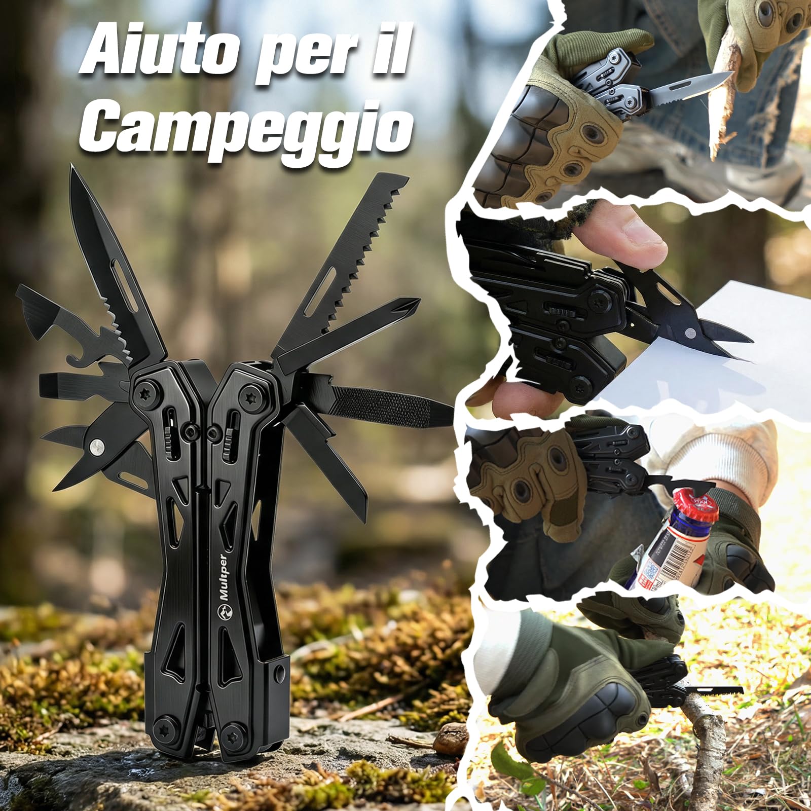 Multper Regalo Uomo, 26-in-1 EDC Multitool, Pinza Multiuso con Coltellino, Pinze Ad Ago, Tronchesino, Set di Cacciaviti e Altro, Attrezzatura di Sopravvivenza e Campeggio, Acciaio Inossidabile, Nero