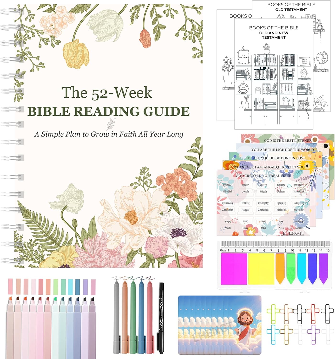 A Year of Bible Study Kit– 52-Week Scripture Reading Journal Set, Christian Devotional Planner for Women, Guided Faith Notebook (Flower M (5.5 x 8.25 inch))