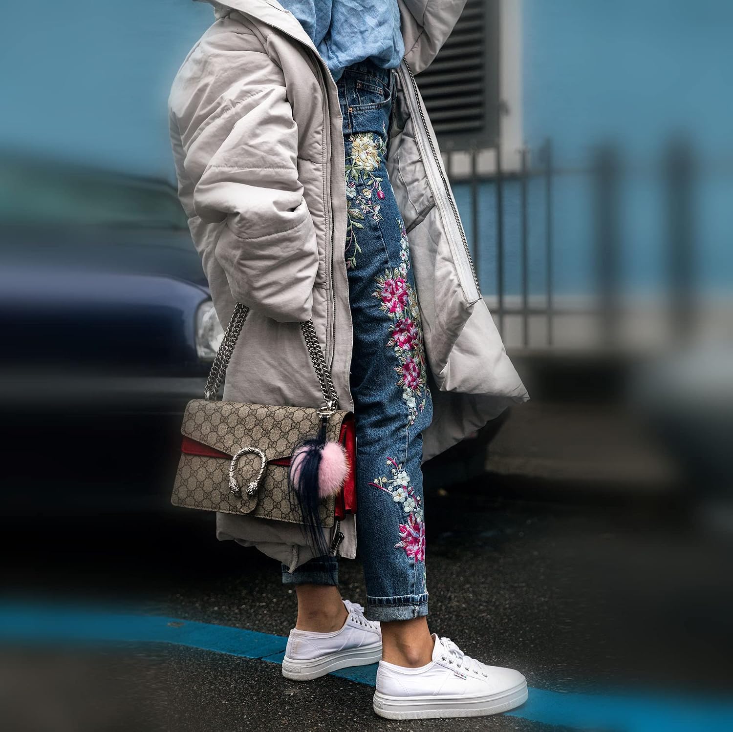 Womens Vintage High Waist Floral Embroidered Straight Jeans Cropped Ankle Length Denim Pants
