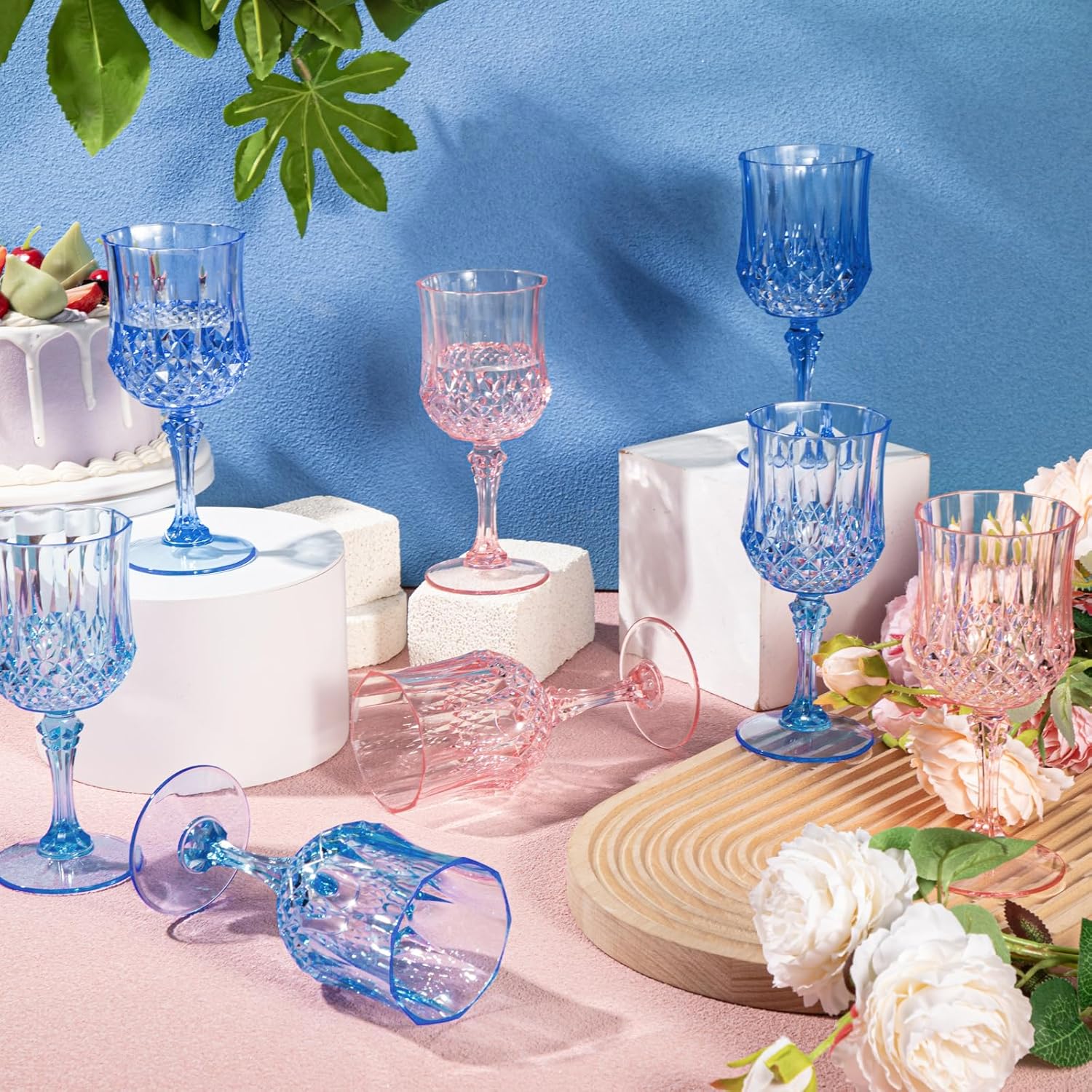LemonRoad 24 Pcs Pink and Blue Plastic Wine Glasses Holiday Party Vintage Plastic Goblets Drinking Glasses for Wedding Reception Bridal Showers Grand Event Party Supplies