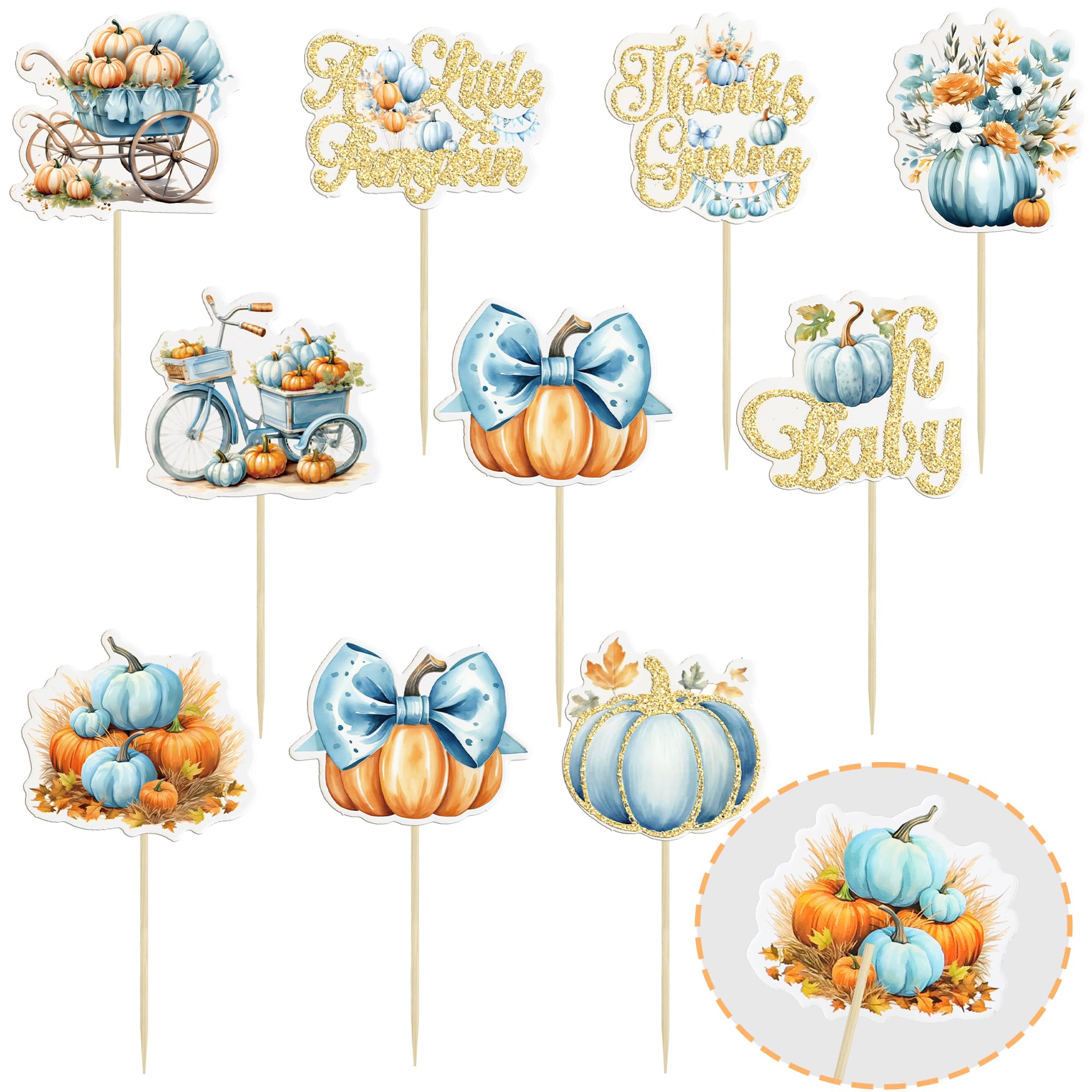 Gyufise 36Pcs Pumpkin Oh Baby Cupcake Toppers Little Pumpkin Baby Shower Cake Decorations Fall Floral Cake Topper Picks for Thanksgiving Halloween Gender Reveal Party Supplies Blue - Image 3