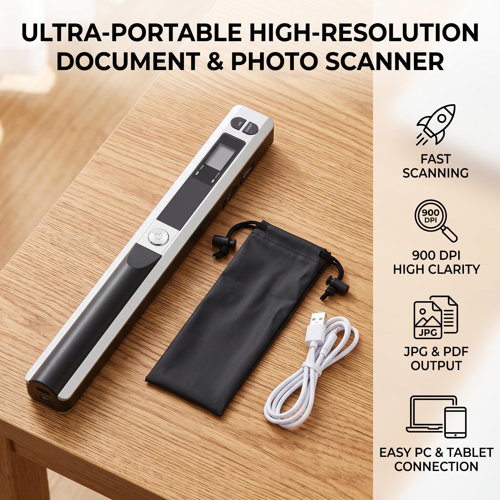 Fafeicy Tragbarer Handscanner 300DPI 600DPI 900DPI A4 USB 2.0 mit Micro SD für Dokumente Fotos Quittungen Bücher JPG PDF Silber Dokumentenscanner Handscanner