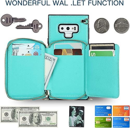 Miniatura 3 de Asuwish Funda de teléfono para Samsung Galaxy Note 9 con protector de pantalla de vidrio templado y soporte para tarjetas con cremallera, soporte de