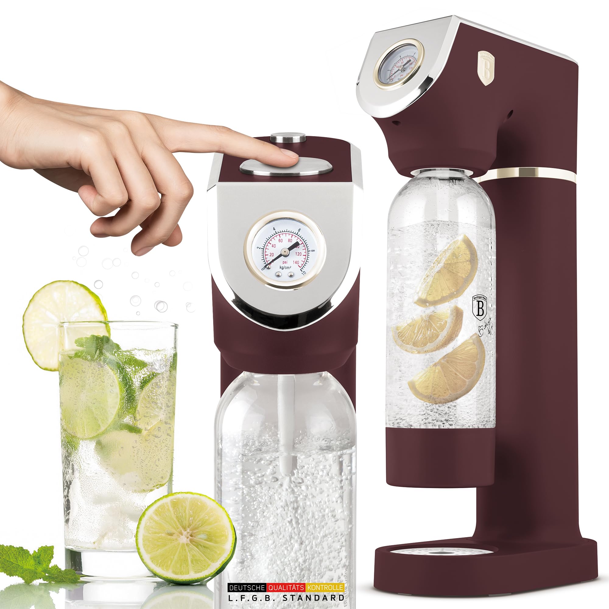 Berlinger Haus Wassersprudler Leonardo Collection – Wassersprudler ohne Strom – Sodamaschine – Mit Barometer – Mit 2 Flaschen (1,0 L & 0,5 L) – CO2-Zylinder kompatibel – Küchengerät