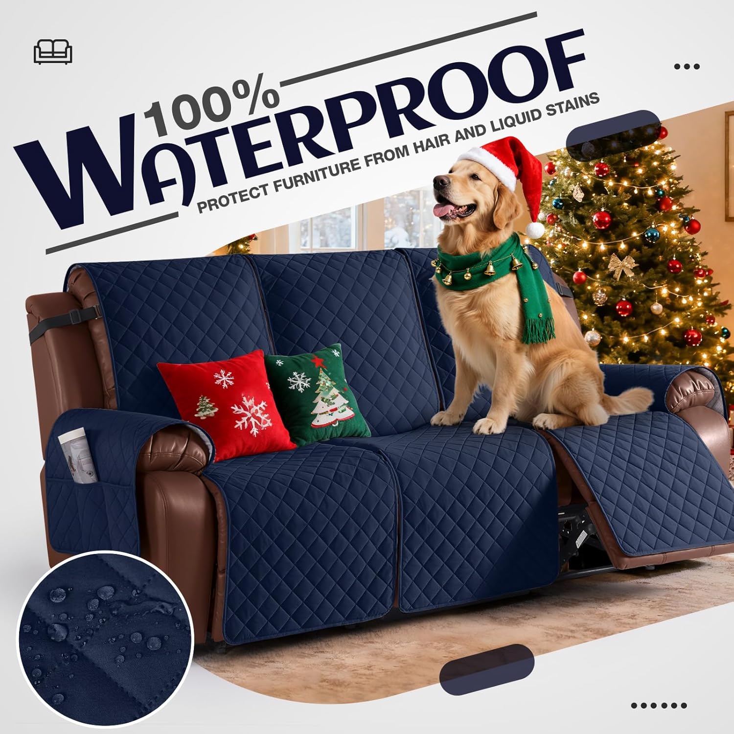 kincam waterproof recliner sofa cover, non-slip reclining couch covers for 3 seat, recliner couch cover furniture protector with elastic straps for pets, kids, dark blue dark blue 3 seater